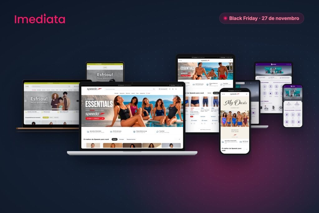 Lojas da Speedo, da Caedu e da Cetro no Imediata Headless, com o selo Black Friday 27 de novembro
