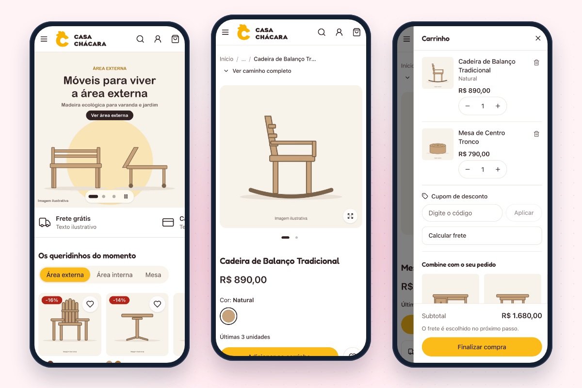 Telas reais da loja demo no celular: vitrine, página de produto e carrinho